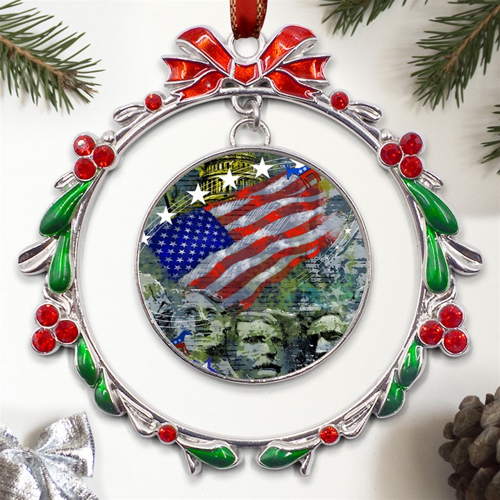 Usa United States Of America Images Independence Day Metal X mas Wreath Ribbon Ornament