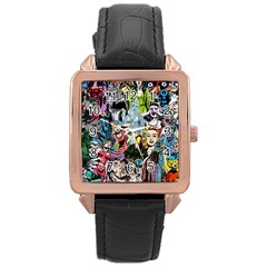 Vintage Horror Collage Pattern Rose Gold Leather Watch  by Ket1n9