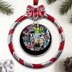 Vintage Horror Collage Pattern Metal Red Ribbon Round Ornament by Ket1n9