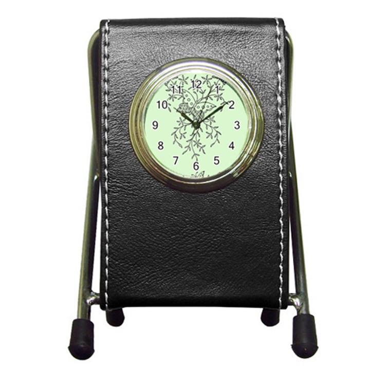 Illustration Of Butterflies And Flowers Ornament On Green Background Pen Holder Desk Clock