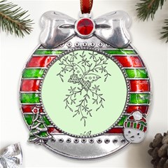 Illustration Of Butterflies And Flowers Ornament On Green Background Metal X mas Ribbon With Red Crystal Round Ornament by Ket1n9