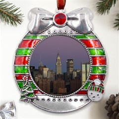 Skyline-city-manhattan-new-york Metal X mas Ribbon With Red Crystal Round Ornament by Ket1n9