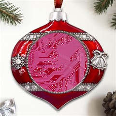 Pink Circuit Pattern Metal Snowflake And Bell Red Ornament by Ket1n9