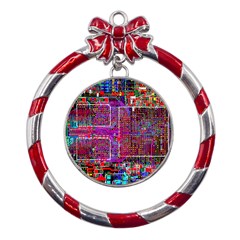 Technology Circuit Board Layout Pattern Metal Red Ribbon Round Ornament by Ket1n9