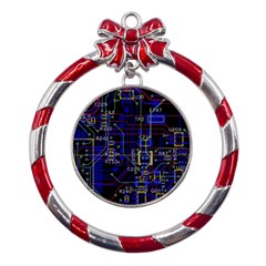 Technology Circuit Board Layout Metal Red Ribbon Round Ornament by Ket1n9