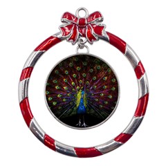 Beautiful Peacock Feather Metal Red Ribbon Round Ornament by Ket1n9