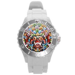 Wood Sculpture Bali Logo Round Plastic Sport Watch (l) by Ket1n9