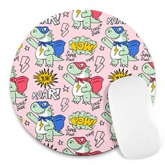 Seamless-pattern-with-many-funny-cute-superhero-dinosaurs-t-rex-mask-cloak-with-comics-style-inscrip Round Mousepad by Ket1n9