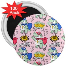 Seamless-pattern-with-many-funny-cute-superhero-dinosaurs-t-rex-mask-cloak-with-comics-style-inscrip 3  Magnets (100 Pack) by Ket1n9