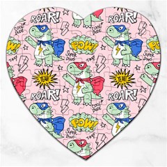 Seamless-pattern-with-many-funny-cute-superhero-dinosaurs-t-rex-mask-cloak-with-comics-style-inscrip Jigsaw Puzzle (heart) by Ket1n9