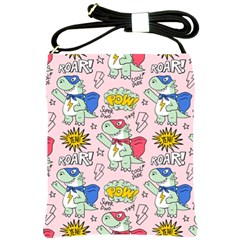 Seamless-pattern-with-many-funny-cute-superhero-dinosaurs-t-rex-mask-cloak-with-comics-style-inscrip Shoulder Sling Bag by Ket1n9