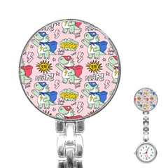 Seamless-pattern-with-many-funny-cute-superhero-dinosaurs-t-rex-mask-cloak-with-comics-style-inscrip Stainless Steel Nurses Watch by Ket1n9