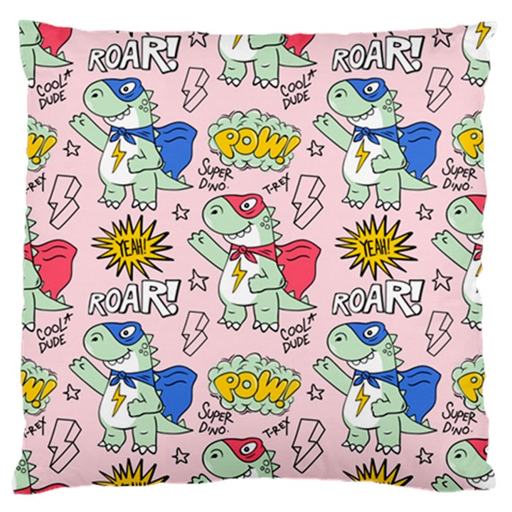 Seamless-pattern-with-many-funny-cute-superhero-dinosaurs-t-rex-mask-cloak-with-comics-style-inscrip Standard Premium Plush Fleece Cushion Case (One Side)