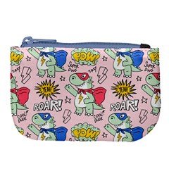 Seamless-pattern-with-many-funny-cute-superhero-dinosaurs-t-rex-mask-cloak-with-comics-style-inscrip Large Coin Purse by Ket1n9