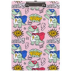 Seamless-pattern-with-many-funny-cute-superhero-dinosaurs-t-rex-mask-cloak-with-comics-style-inscrip A4 Acrylic Clipboard by Ket1n9