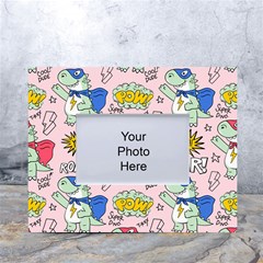 Seamless-pattern-with-many-funny-cute-superhero-dinosaurs-t-rex-mask-cloak-with-comics-style-inscrip White Tabletop Photo Frame 4 x6  by Ket1n9