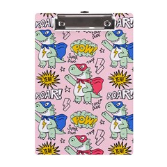 Seamless-pattern-with-many-funny-cute-superhero-dinosaurs-t-rex-mask-cloak-with-comics-style-inscrip A5 Acrylic Clipboard by Ket1n9