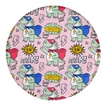 Seamless-pattern-with-many-funny-cute-superhero-dinosaurs-t-rex-mask-cloak-with-comics-style-inscrip Round Glass Fridge Magnet (4 pack) Front