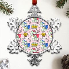 Seamless-pattern-with-many-funny-cute-superhero-dinosaurs-t-rex-mask-cloak-with-comics-style-inscrip Metal Small Snowflake Ornament by Ket1n9