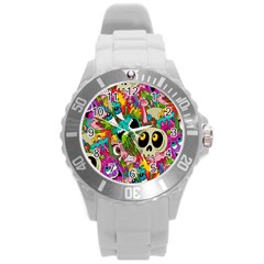 Crazy Illustrations & Funky Monster Pattern Round Plastic Sport Watch (l) by Ket1n9