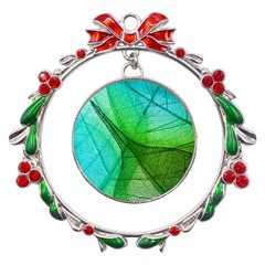 Sunlight Filtering Through Transparent Leaves Green Blue Metal X mas Wreath Ribbon Ornament by Ket1n9