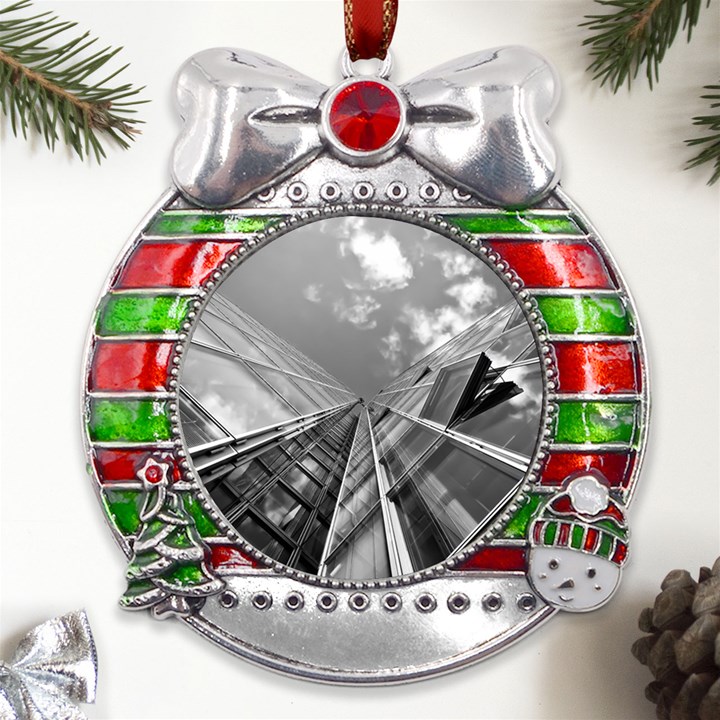 Architecture-skyscraper Metal X Mas Ribbon With Red Crystal Round Ornament