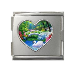 Swan Bird Spring Flowers Trees Lake Pond Landscape Original Aceo Painting Art Mega Link Heart Italian Charm (18mm) by Ket1n9