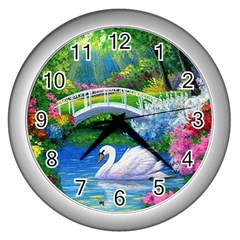 Swan Bird Spring Flowers Trees Lake Pond Landscape Original Aceo Painting Art Wall Clock (silver) by Ket1n9