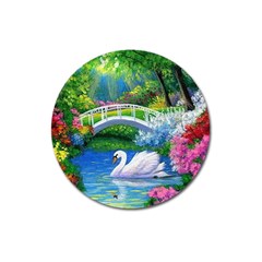 Swan Bird Spring Flowers Trees Lake Pond Landscape Original Aceo Painting Art Magnet 3  (round) by Ket1n9