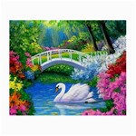 Swan Bird Spring Flowers Trees Lake Pond Landscape Original Aceo Painting Art Small Glasses Cloth Front