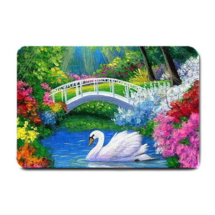 Swan Bird Spring Flowers Trees Lake Pond Landscape Original Aceo Painting Art Small Doormat