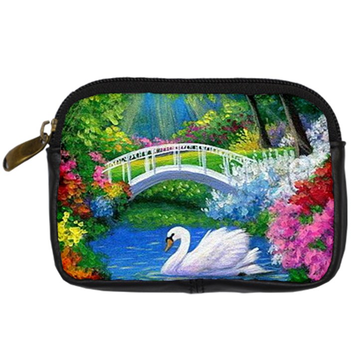 Swan Bird Spring Flowers Trees Lake Pond Landscape Original Aceo Painting Art Digital Camera Leather Case