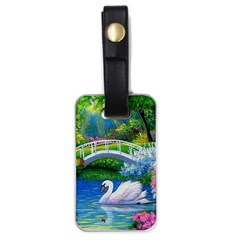 Swan Bird Spring Flowers Trees Lake Pond Landscape Original Aceo Painting Art Luggage Tag (one Side) by Ket1n9