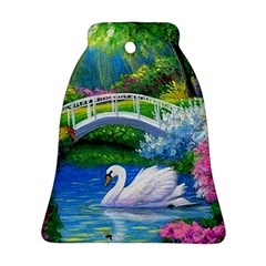 Swan Bird Spring Flowers Trees Lake Pond Landscape Original Aceo Painting Art Ornament (bell) by Ket1n9