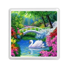 Swan Bird Spring Flowers Trees Lake Pond Landscape Original Aceo Painting Art Memory Card Reader (square) by Ket1n9