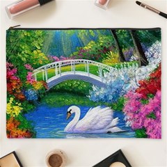 Swan Bird Spring Flowers Trees Lake Pond Landscape Original Aceo Painting Art Cosmetic Bag (xxxl) by Ket1n9