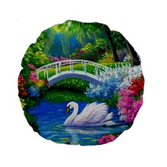 Swan Bird Spring Flowers Trees Lake Pond Landscape Original Aceo Painting Art Standard 15  Premium Round Cushions by Ket1n9