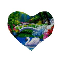 Swan Bird Spring Flowers Trees Lake Pond Landscape Original Aceo Painting Art Standard 16  Premium Heart Shape Cushions by Ket1n9