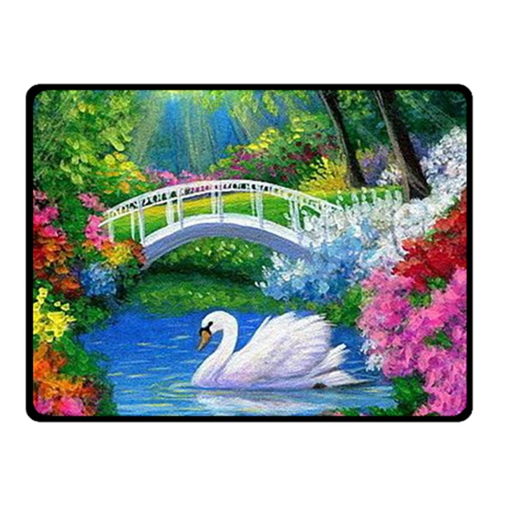 Swan Bird Spring Flowers Trees Lake Pond Landscape Original Aceo Painting Art Two Sides Fleece Blanket (Small)