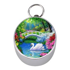 Swan Bird Spring Flowers Trees Lake Pond Landscape Original Aceo Painting Art Mini Silver Compasses by Ket1n9