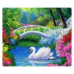 Swan Bird Spring Flowers Trees Lake Pond Landscape Original Aceo Painting Art Two Sides Premium Plush Fleece Blanket (Small) 50 x40  Blanket Front