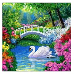 Swan Bird Spring Flowers Trees Lake Pond Landscape Original Aceo Painting Art Square Satin Scarf (36  X 36 ) by Ket1n9