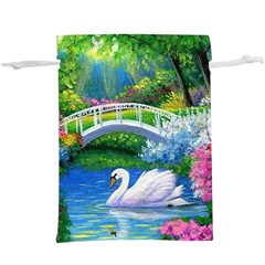 Swan Bird Spring Flowers Trees Lake Pond Landscape Original Aceo Painting Art Lightweight Drawstring Pouch (xl) by Ket1n9