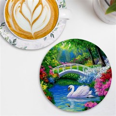 Swan Bird Spring Flowers Trees Lake Pond Landscape Original Aceo Painting Art Uv Print Round Tile Coaster by Ket1n9