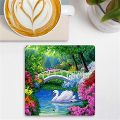 Swan Bird Spring Flowers Trees Lake Pond Landscape Original Aceo Painting Art Uv Print Square Tile Coaster  by Ket1n9