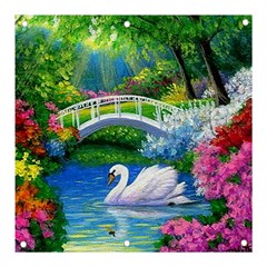 Swan Bird Spring Flowers Trees Lake Pond Landscape Original Aceo Painting Art Banner And Sign 3  X 3  by Ket1n9