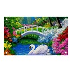 Swan Bird Spring Flowers Trees Lake Pond Landscape Original Aceo Painting Art Banner and Sign 5  x 3  Front