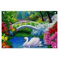 Swan Bird Spring Flowers Trees Lake Pond Landscape Original Aceo Painting Art Banner And Sign 6  X 4  by Ket1n9