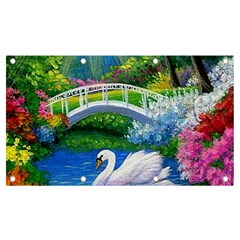 Swan Bird Spring Flowers Trees Lake Pond Landscape Original Aceo Painting Art Banner And Sign 7  X 4 