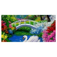 Swan Bird Spring Flowers Trees Lake Pond Landscape Original Aceo Painting Art Banner And Sign 8  X 4  by Ket1n9